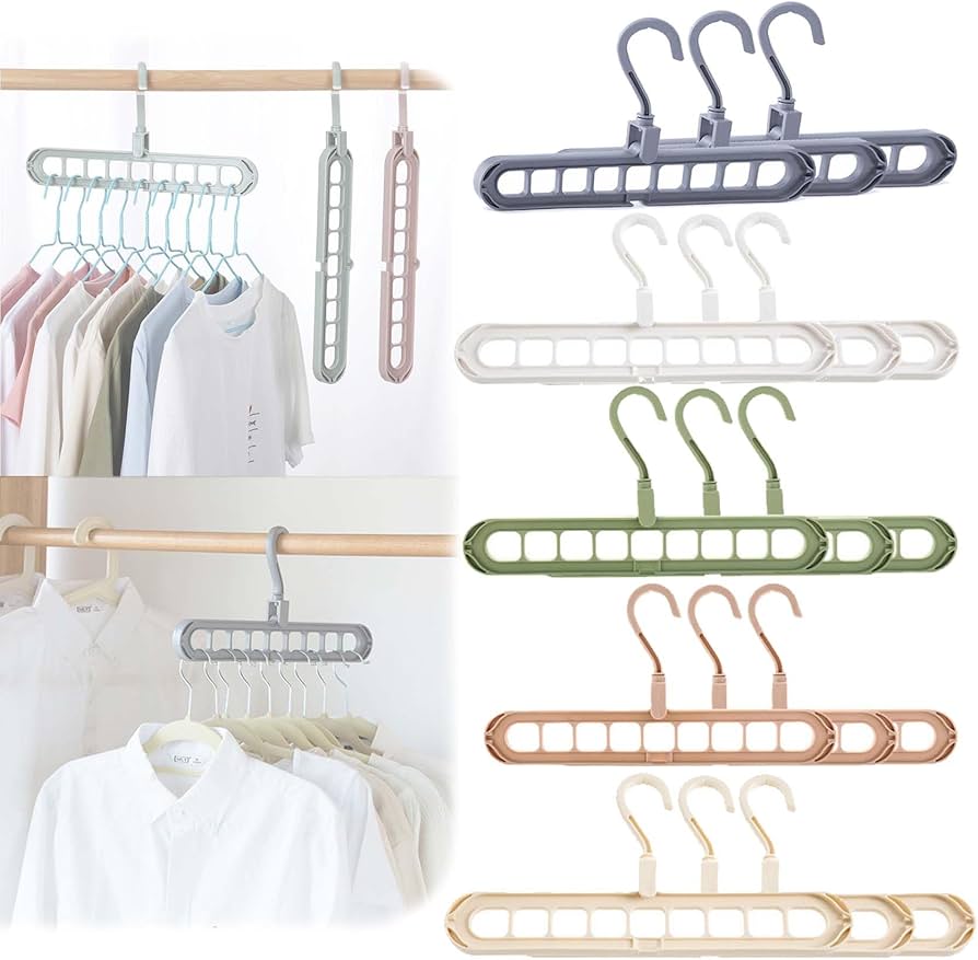 SmartHangerPro 9-in-1 smart hanger organizing colorful shirts in a closet